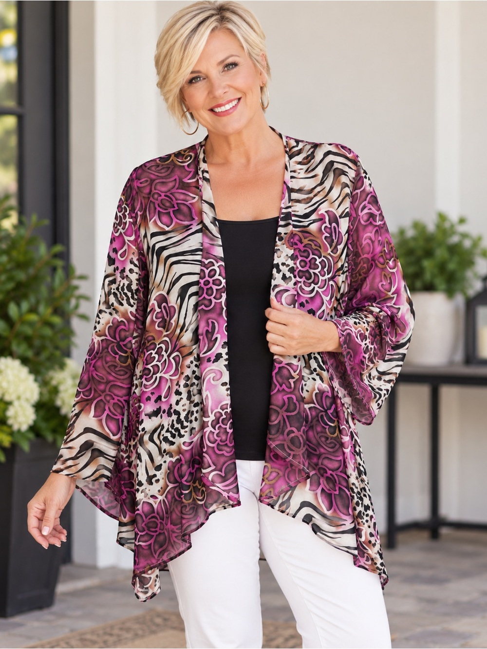 Chico's Sheer Kimono Size 3 (US 16-18) Open Front Floral & Animal Print